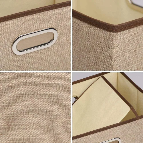 Vista 3 de UUJOLY Contenedores de almacenamiento grandes de tela de lino, canastas plegables de tela de lino, caja de almacenamiento con tapa y asas