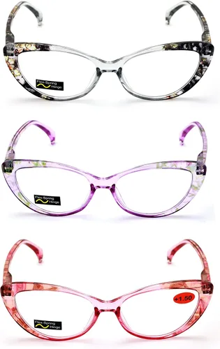 Vista 3 de 3 pares de gafas de lectura para mujer, diseño floral, translúcido, transparente, transparente, para lectura
