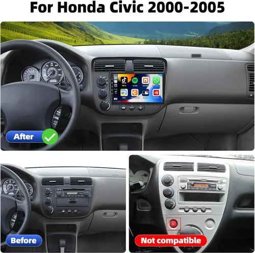 Vista 2 de Estéreo de coche Android 2G+64G para Honda Civic 2000-2005 inalámbrico A-pple CarPlay Android Auto, 9 pulgadas HD pantalla táctil navegación