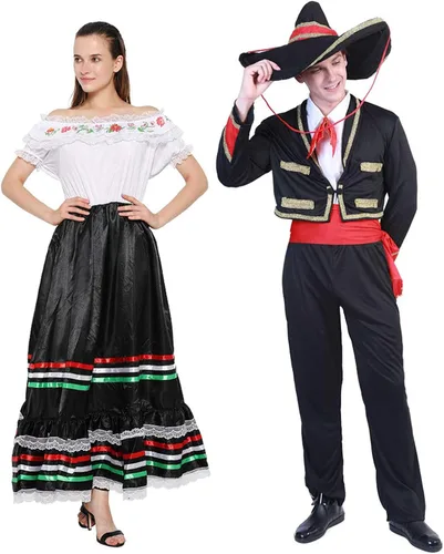 Vista 2 de FantastCostumes Vestido tradicional mexicano para mujer, vestido de encaje con flores de Senorita, disfraz de fiesta, vestido español