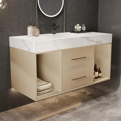 Vista 19 de SSLine Juego de tocador de baño montado en la pared con lavabo moderno de 30 pulgadas con lavabo superior y estante de almacenamiento, armario