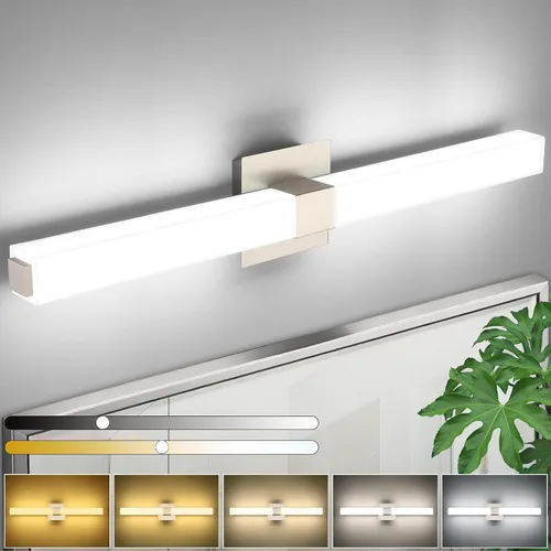 Vista 13 de Lámparas de baño de níquel cepillado: 24 pulgadas, regulable, moderna, minimalista, LED, a prueba de humedad, 5CCT