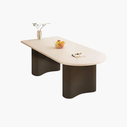 Vista 4 de LITFAD Mesa de comedor ovalada con parte superior de piedra, mesa de restaurante moderna para restaurante casero, base de acero al carbono