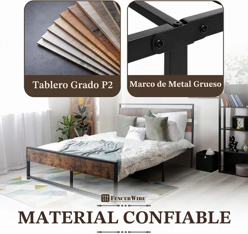 Vista 5 de Fencer Wire Base de cama de metal con cabecera y estribo de madera modernos, base de colchón, plataforma de metal con marco de acero, sin ruido,