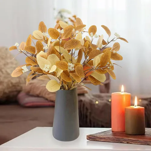 Vista 6 de Emivery Tallos de hojas de eucalipto de otoño, 6 tallos artificiales de follaje de otoño, ramas de eucalipto sintético naranja, decoraciones