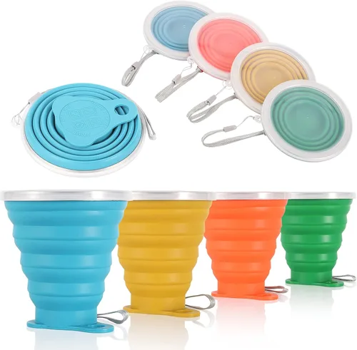 Vista 7 de ME.FAN Taza de viaje plegable de silicona - Taza de camping plegable con tapas de silicona - Juego de tazas de beber expandibles - Portátil