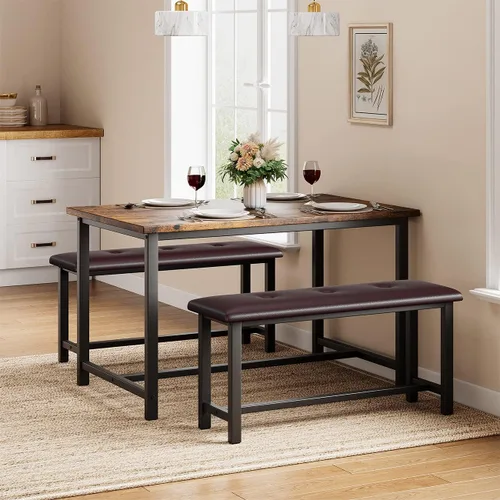 Vista 3 de IDEALHOUSE Juego de mesa de comedor de 3 piezas, mesa de cocina y bancos para 4, juego de mesa de comedor rectangular con 2 bancos tapizados, juego