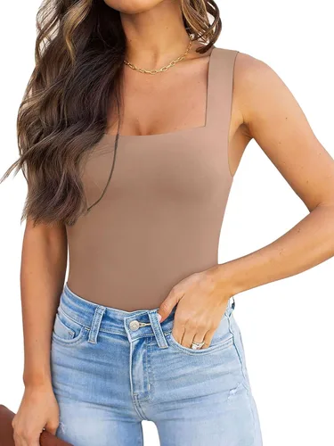 Vista 80 de Reoria - Camiseta sin mangas sexy tipo body con escote cuadrado para mujer, ropa para discoteca