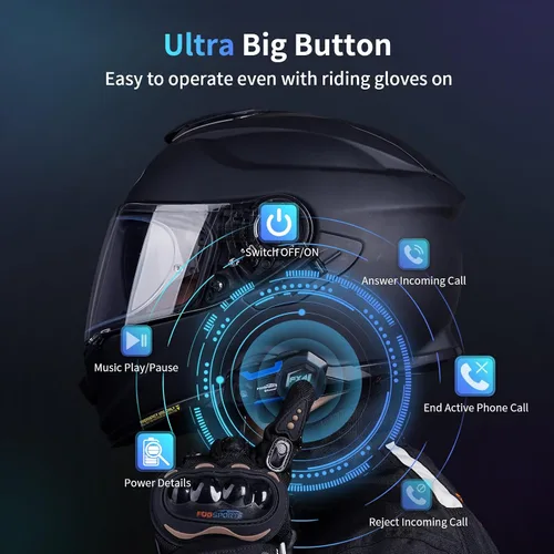 Vista 5 de Fodsports FX4 Pro - Casco de motocicleta, intercomunicador Bluetooth con control de voz AI, sistema de comunicación de auriculares de 4 vías, música