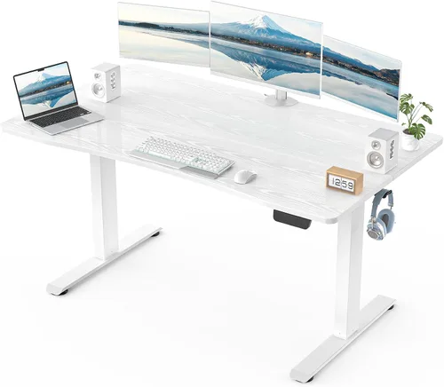 Vista 25 de Veken Escritorio de pie de 47.2 pulgadas, escritorio de oficina de altura ajustable con superficie de madera, mesa de computadora para trabajo
