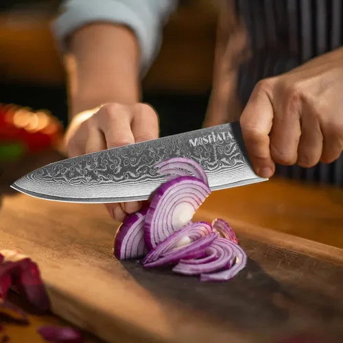 Vista 4 de MOSFiATA Juego de cuchillos de chef profesional de Damasco, 3 piezas, cuchillo de chef de 8 pulgadas, cuchillo Santoku de 7 pulgadas y cuchillo