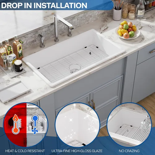 Vista 5 de Fregadero de cocina de 32 piezas para montaje bajo encimera y empotrado, 32 x 19 pulgadas, fregadero de cerámica de porcelana blanca, accesorios