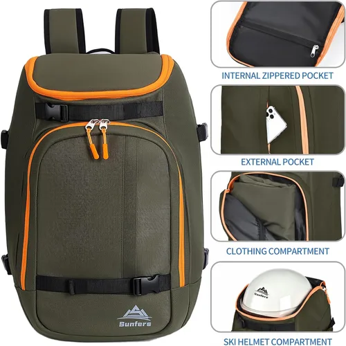 Vista 4 de Bolsa para botas de esquí, snowboard, viajes, patinaje, mochila para adultos y jóvenes, accesorios de equipo de esquí Army Green
