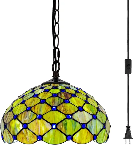 Vista 12 de Lámpara Colgante de Vidrio Emplomado Estilo Tiffany con Enchufe, 12" de Ancho Diseño de Glicinia Lámpara Colgante, Cadena de 60 Pulgadas Cable de 15