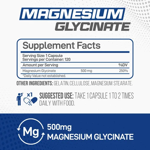 Vista 2 de Forzagen Suplemento de glicinato de magnesio, 500 mg, 120 cápsulas, apoyo mineral esencial para la función nerviosa, la salud muscular