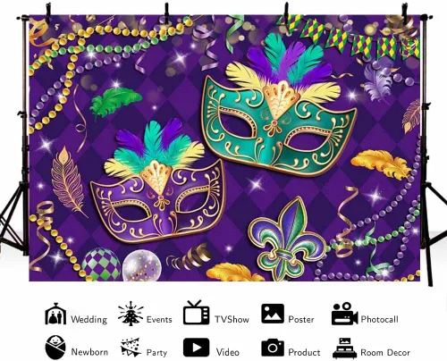 Vista 2 de MEHOFOND Telón de fondo de Mardi Gras de 7 x 5 pies, para baile de graduación, carnaval, fiesta, fotografía, fondo morado, verde, dorado, cuentas