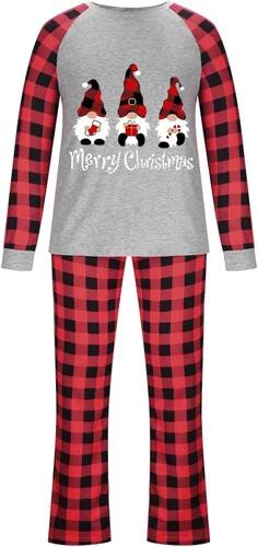 Vista 2 de JEGULV Pijamas de Navidad a juego para la familia, pijamas clásicas de Navidad de búfalo rojo a cuadros, pijamas de manga larga para el hogar