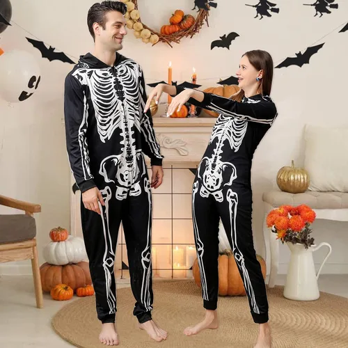 Vista 2 de ANGELGGH Family Matching Halloween Onesie Pajamas, Funny Skeleton Printed Hooded Zipper PJs Loungewear for MenWomenKids