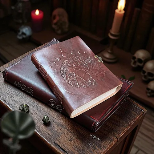 Vista 4 de Leather Journal with Moon Phase & Tree of Life Embossed Design – Vintage Notebook with Handmade Paper Grimoire, Spell Book, Wiccan Diary, Travel