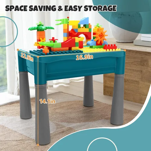 Vista 6 de Mesa de actividades para niños de doble cara con almacenamiento, mesa multiactividad todo en uno, 105 piezas de bloques de construcción con pista