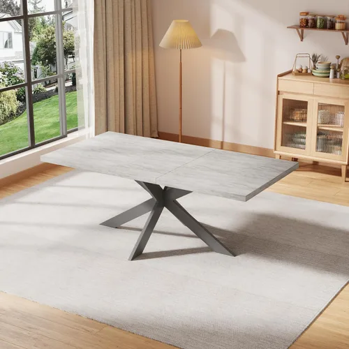 Vista 4 de ZckyCine Juego de mesa de comedor extensible de 6 piezas, moderna mesa de madera gris de 63 a 79 pulgadas con 6 sillas de tela gris, mesa de comedor