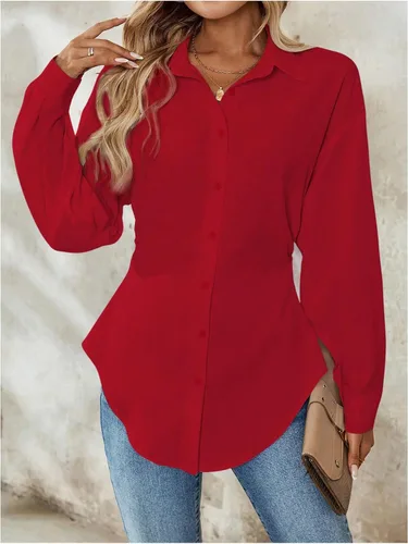 Vista 4 de WDIRARA Blusa de manga larga con botones para mujer, ajustada, con cuello, casual, para el trabajo