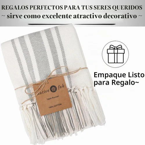 Vista 8 de Native Fab Camino de mesa a rayas grises – Mantel bohemio de 72 pulgadas de largo con borlas – 100% algodón, tejido apretado, mantel antideslizante
