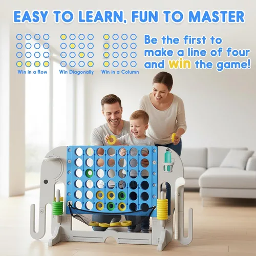 Vista 6 de Giant 4 in a Row Connect Game, Adjustable Height (2.6FT-4.3FT) Jumbo 4-to-Score Yard Game Set with Basketball, Golf & Ring Toss, Elephant Design