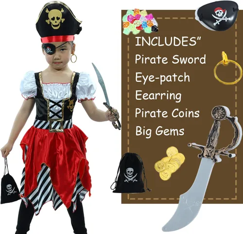 Vista 7 de Toddlers Pirate Costume Girls, Buccaneer Princess Costume Kids, Cruise Pirate Night Outfits for Girls 3-10 Years