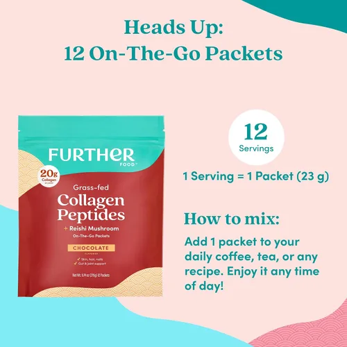 Vista 7 de Further Food Polvo de péptidos de colágeno de chocolate con hongo Reishi, 100% alimentado con pasto, hidrolizado tipo 1 y 3, 0.71 oz de colágeno por