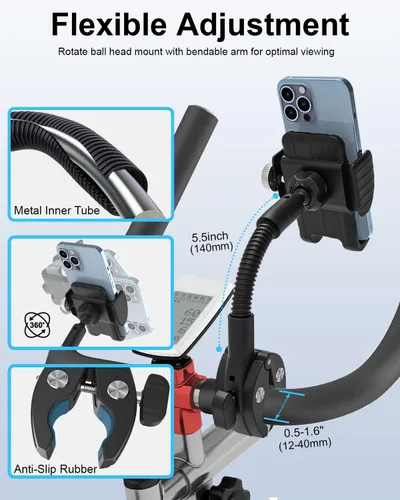 Vista 4 de Soporte de teléfono giratorio de cuello de cisne, soporte para teléfono celular, abrazadera de manillar de bicicleta estática para bicicleta