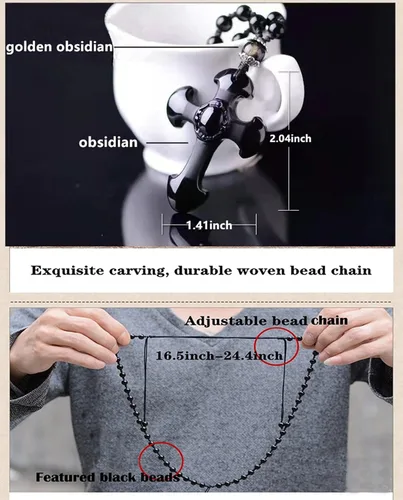 Vista 2 de Collar con dije de cruz de obsidiana negra, cristal curativo de obsidiana natural, piedra de energía, amuleto, para mujeres, hombres, niñas, niños