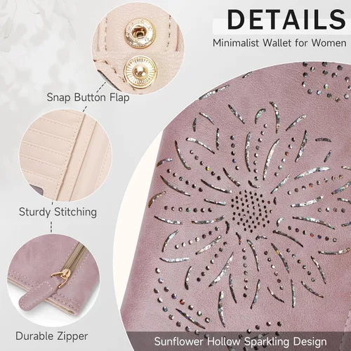 Vista 5 de Cartera con Bloqueo RFID para Mujeres Segura Delgada Bifold Cartera para Mujeres Ultra Delgada Billetera para Damas Bifold, 02-púrpura, Moda