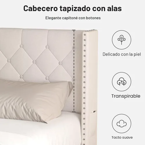 Vista 4 de Lihimte Marco de cama tamaño matrimonial con luces LED, base de cama plataforma tapizada en terciopelo con cabecero y estribo abotonado, soporte