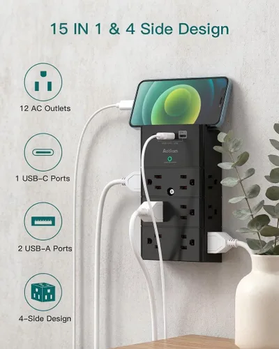 Vista 2 de Addtam Toma de pared con enchufe múltiple, protector de sobretensiones con extensor de 12 tomas de corriente de 4 lados y 3 puertos USB (1 USB-C)