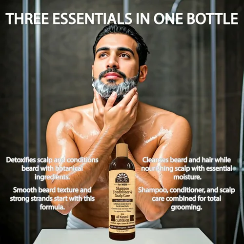 Vista 7 de OKAY -MEN Champú y acondicionador 3 en 1 - Champú y acondicionador de aceite de ricino, lavado de barba, tratamiento aclarador para cabello seco