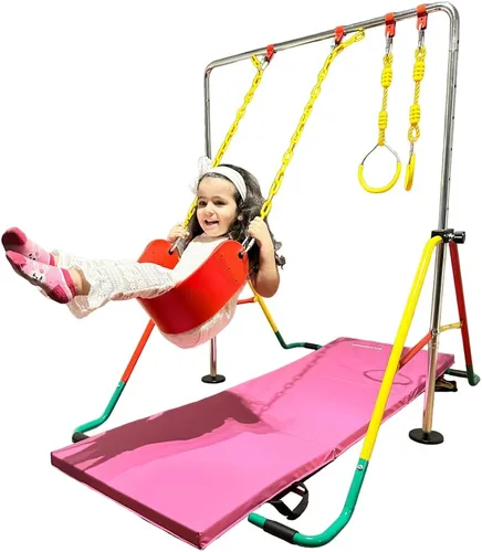 Vista 8 de Barra de entrenamiento de gimnasia para niños, barra plegable expandible 5 en 1 + alfombrilla de 6 x 2 pies, asiento de columpio, 2 anillos