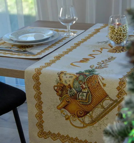 Vista 6 de Camino de mesa de Navidad de flor de pascua, tapiz de tela de lúrex dorado, rectangular, patrón antiguo, decoración de mesa (18 x 55 pulgadas)