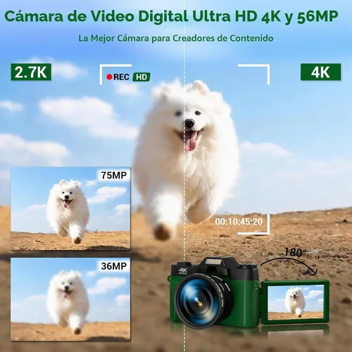 Vista 2 de Cámara digital de 75 MP, cámara de vlogging WiFi 4K con pantalla abatible de 180° de 3.0 pulgadas, cámara compacta de enfoque automático de 16X