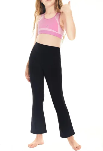 Vista 3 de KYRIAD Leggings de cintura alta para niñas, pantalones acampanados para niños, para baile, entrenamiento, yoga, corte de bota, leggings activos