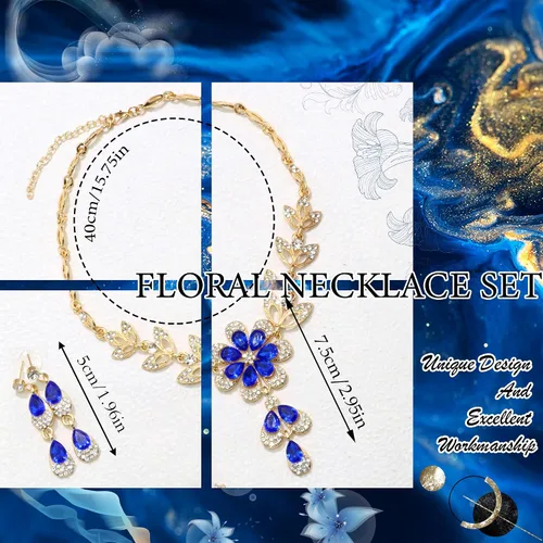 Vista 3 de Gold Blue Jewelry Set Diamond Black Flower Teardrop Necklace Earrings Rhinestone Crystal Wedding Prom Formal Trendy Jewelry Accessories for Brides