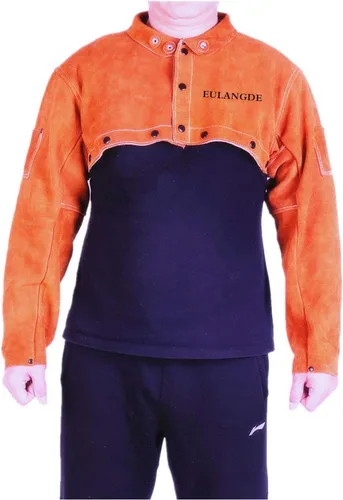 Vista 2 de Capa de soldadura de cuero resistente al calor premium con mangas, puños ajustables, cuello ajustable para hombres y mujeres (marrón, pequeña)