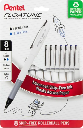 Vista 8 de Pentel Floatune Rollerball, punta media de 0.8 mm, tinta negra, paquete de 8 bolígrafos (BY108PF8A)