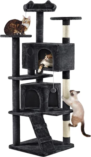 Vista 31 de Yaheetech - Torre de árbol para gatos de 62 pulgadas, torre para gatitos de interior, muebles para mascotas con doble refugio, postes para rascar