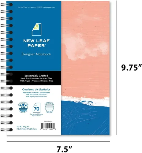 Vista 2 de Cuaderno pequeño de diseño encuadernado en espiral, diseño de puesta de sol en la playa, 9.75 x 7.5 pulgadas, 70 hojas, 100% reciclado, poages