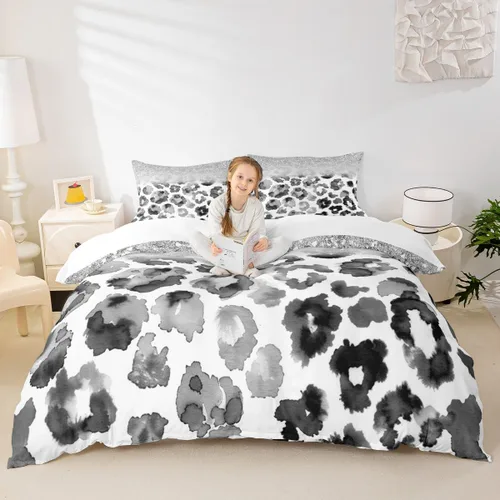 Vista 24 de Juego de funda de edredón para niños, tamaño individual, diseño de cebra y leopardo con purpurina, decoración de habitación para niñas y mujeres
