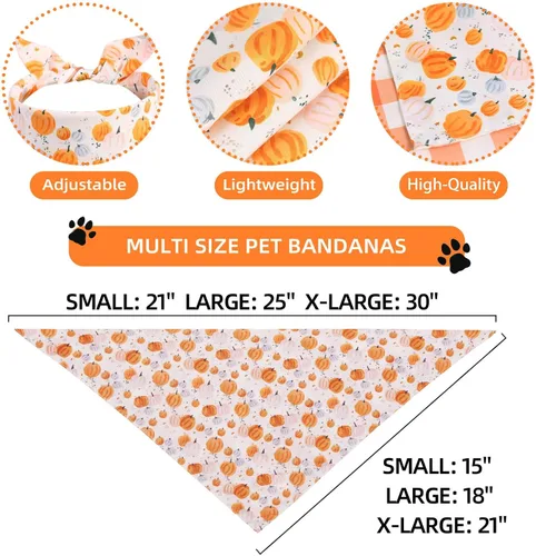 Vista 2 de Bandanas de otoño para perro, 2 unidades, pequeñas, bufanda de calabaza y hojas de Halloween, bufanda reversible de búfalo a cuadros, triangular