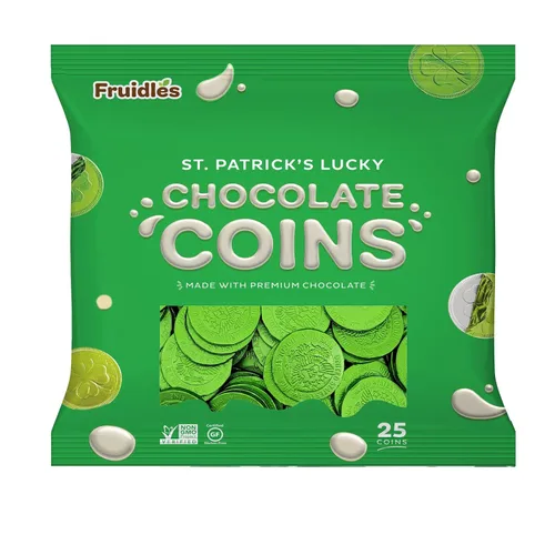 Vista 3 de Fruidles Monedas de chocolate con leche blanca del día de San Patricio, monedas verdes, moneda de chocolate con leche
