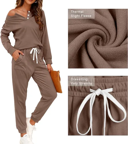 Vista 108 de Wiholl - Conjuntos de dos piezas para mujer: ropa cómoda con sudadera abotonada y pantalones deportivos con bolsillos