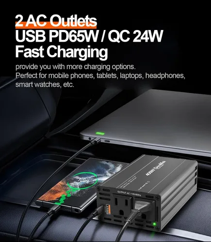 Vista 4 de 400 W Inversor de corriente para automóvil - Adaptador de enchufe de toma doble CC 12 V a 110 V CA, puerto USB C de carga rápida 65 W y 24 W